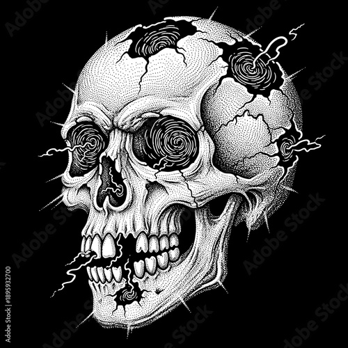 Intense Skull with Swirling Eyes and Cracked Head.