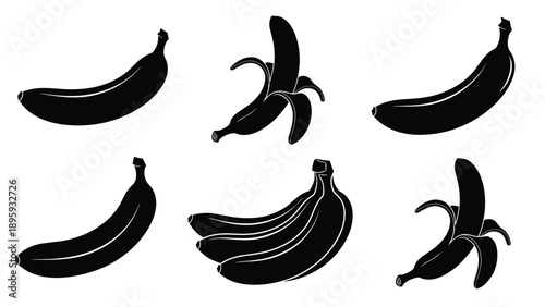 ollection of black banana silhouettes, tropical fruit vector illustrations, peeled and whole fruit icons, healthy food stencil art for kitchen design.