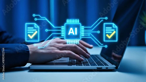 Person typing on a laptop with AI document processing overlay displayed prominently in the foreground, illustrating automated data handling