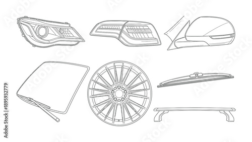 Automotive Components Blueprint: An artistic illustration displaying a variety of essential vehicle parts, including a headlight, taillight, side mirror, windshield, wheel, wiper blade, and roof rack.