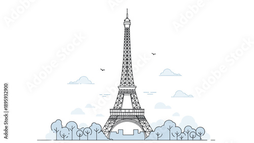 Artistic line drawing of the Eiffel Tower in Paris surrounded by stylized trees and clouds under a clear sky with birds flying.