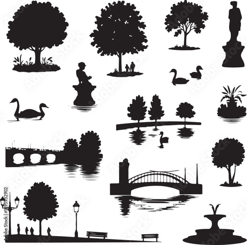 black silhouettes of trees and park elements on white background