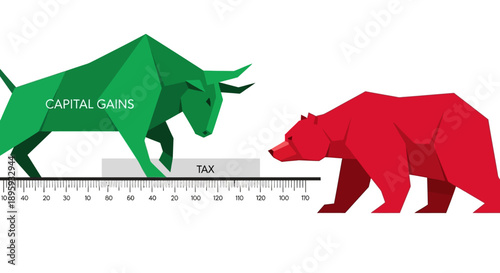Capital Gains Tax Concept: Bull Market (Profit) and Bear Market (Loss) Illustration on a Financial Scale.