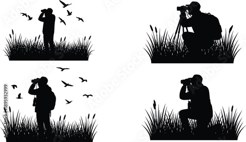 Wildlife photographer silhouettes, bird watching nature scene, man using binoculars camera in grass, outdoor adventure black figures vector illustration