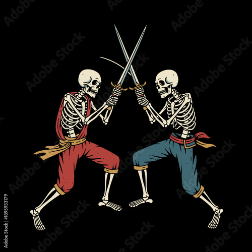 Two Skeletons Engaged in a Sword Fight Duel.