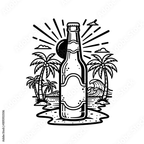 A refreshing bottle of beverage on a tropical beach.
