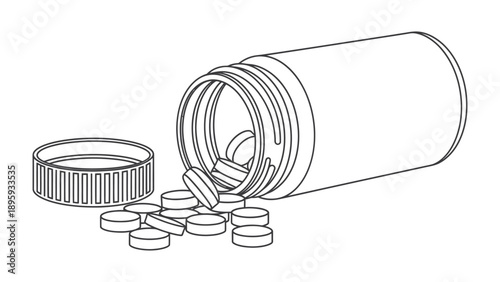 Medication spill illustration: Illustration of tablets spilling from a medicine container, symbolizing health and wellness themes.