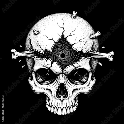 Skull with cracked cranium and hypnotic spiral inside.