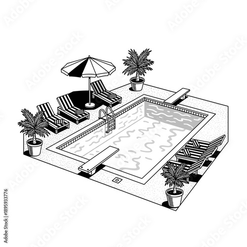 Outdoor Swimming Pool with Lounge Chairs and Umbrella.
