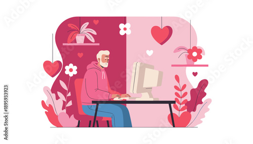 Mature man dating online on a desktop PC concept of senior technology use and romance