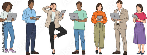 Business professionals using digital devices, diverse team with laptops tablets smartphones, modern workplace collaboration concept, flat illustration isolated, vector, design