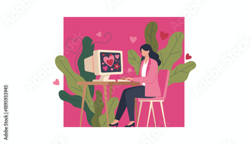 Woman using a computer for online dating surrounded by vibrant hearts and tropical foliage