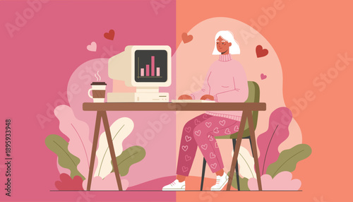 Remote work concept woman using vintage computer and analyzing data in comfortable pajamas