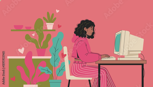 Young woman working from a pink plantfilled home office on a retro CRT computer Remote creative lifestyle