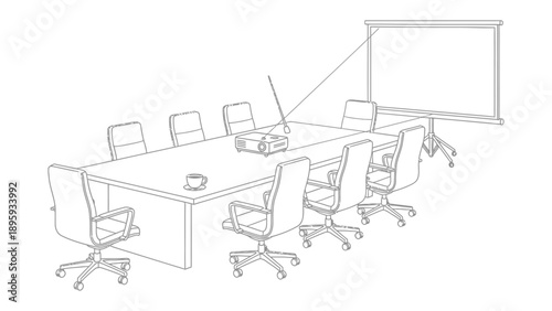 Conference Room Setup: A meticulously arranged conference room with an empty projector screen, hinting at anticipation for a presentation or meeting.