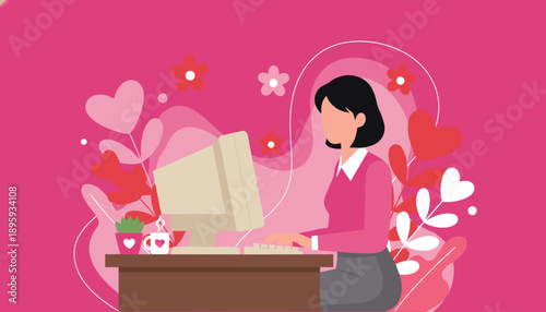 Professional woman uses a desktop computer surrounded by abstract hearts and flowers in a pink workspace