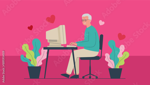 Smiling senior man using an old desktop computer for online dating or social connection