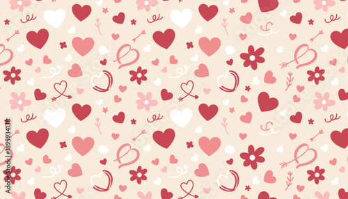 Cute seamless love pattern with hearts and flowers on beige Valentines Day background design template