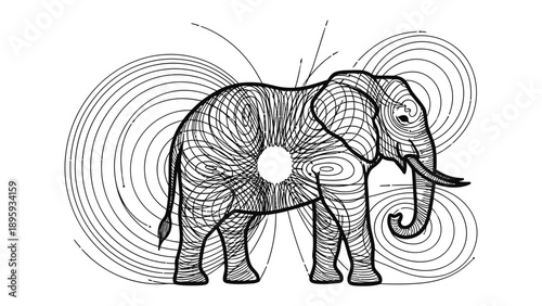 Elephant's Majestic Contour: A captivating illustration showcases an elephant with swirling contours, forming a unique artistic expression, capturing the animal's essence.