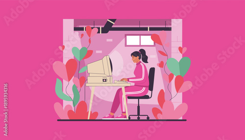Woman using a retro computer surrounded by pink love hearts Nostalgia online dating or personal work illustration