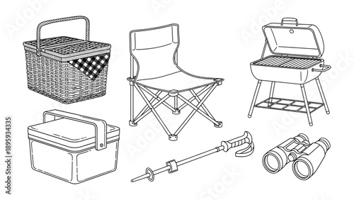 Outdoor Essentials: A curated selection of outdoor essentials for a perfect day in nature, featuring a picnic basket, portable chair, grill, cooler, hiking pole, and binoculars.