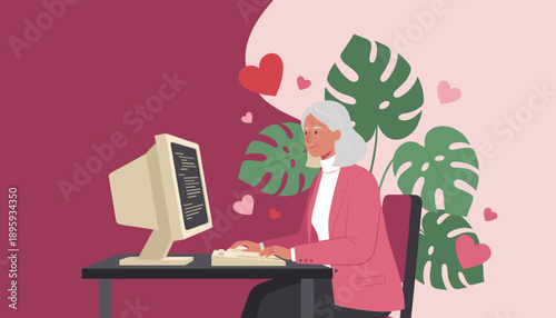 Happy elderly woman using a retro computer for online connection learning or dating Flat vector