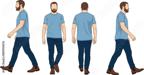 Casual bearded man walking illustration, front back side views, male character animation reference, modern outfit, white background, vector, design, isolated