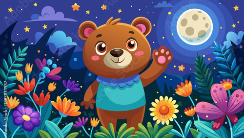 Very beautiful cute cartoon bear waving happily beneath a starry night sky with a full moon and colorful flowers, creating a friendly, magical illustration perfect for children’s stories and designs.
