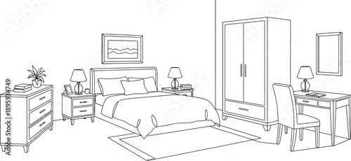Simple black and white line art illustration depicting a fully furnished master bedroom suite complete with a bed desk and wardrobe furniture arrangement