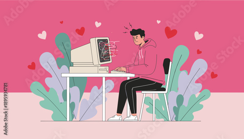Frustrated man dealing with bad dating algorithm on old computer Love stress concept