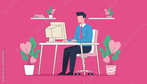 Businessman working on a desktop computer at a desk in a colorful modern office Productivity concept