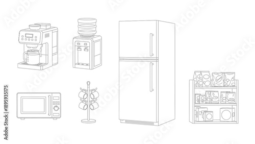 Home Appliances: A curated collection of essential home appliances, including a coffee maker, water dispenser, refrigerator, microwave oven, mug rack, and a shelving unit.