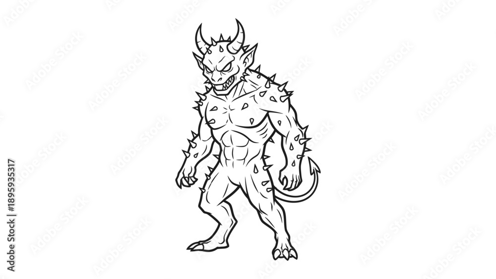 Fototapeta premium Mysterious Fiend Illustration: An illustration of an intense devil creature, standing with menacing posture and holding a tail. It has intricate horns and skin with the details.