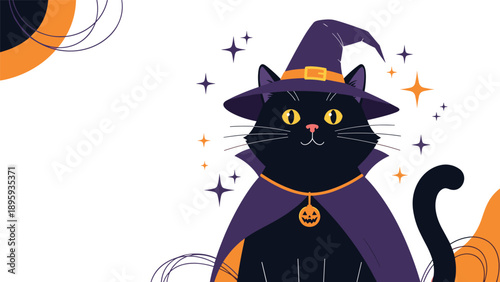 Charming black cat dressed as a witch wearing a purple hat and cape decorated with a pumpkin pendant surrounded by twinkling stars.