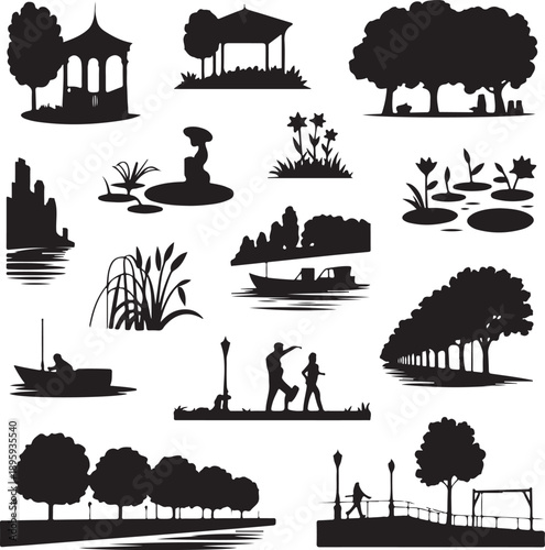 blacksilhouetteillustrationsofparkandwaterscenery