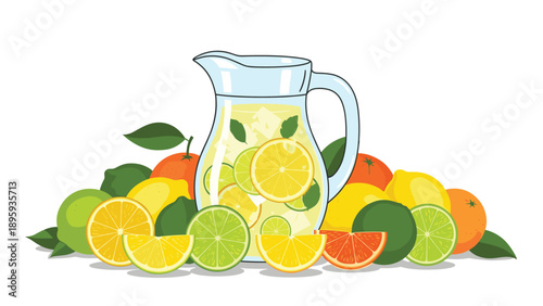 Refreshing pitcher of lemonade with ice and mint leaves surrounded by a pile of lemons, limes, and oranges on a white background.