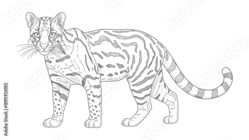 Striking Ocelot Sketch: A detailed, monochrome illustration of a poised ocelot, showcasing the cat's distinctive spotted coat, alert posture, and captivating gaze.