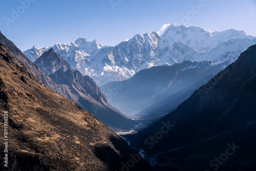 Manaslu, Nepal: Dramatic view of the valley from the Manaslu base camp hike on the Manaslu circuit trek in the Himalaya mountain in Nepal