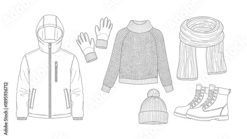 Winter Essentials: A collection of essential winter wear, including a cozy jacket, warm gloves, a stylish sweater, a soft scarf, a knitted beanie, and sturdy boots.