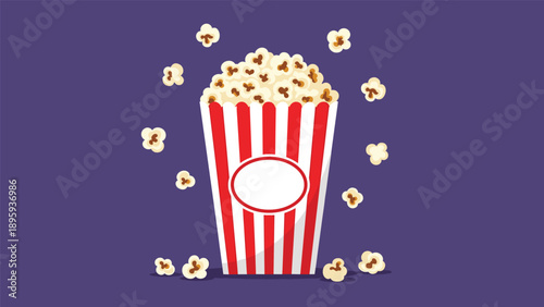 Classic red and white striped bucket overflowing with buttery popcorn on a deep purple background with kernels scattered around.