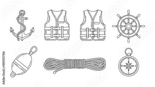 Nautical Essentials Line Art: A collection of essential nautical elements, rendered in clean line art, perfect for designs related to sea travel and exploration. 