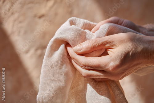 Close-up of a woman's hands carefully holding a piece of raw linen fabric