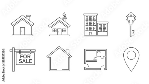 Real Estate Iconography: A collection of meticulously crafted line art icons showcasing the fundamental elements of real estate, perfect for any property-related project or design.