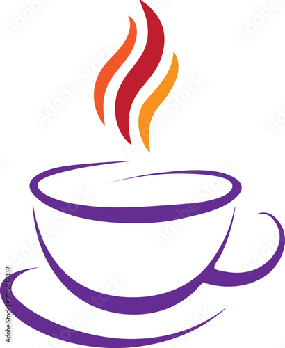 Minimalist purple coffee cup and saucer icon with abstract colorful steam rising illumination overlay vector