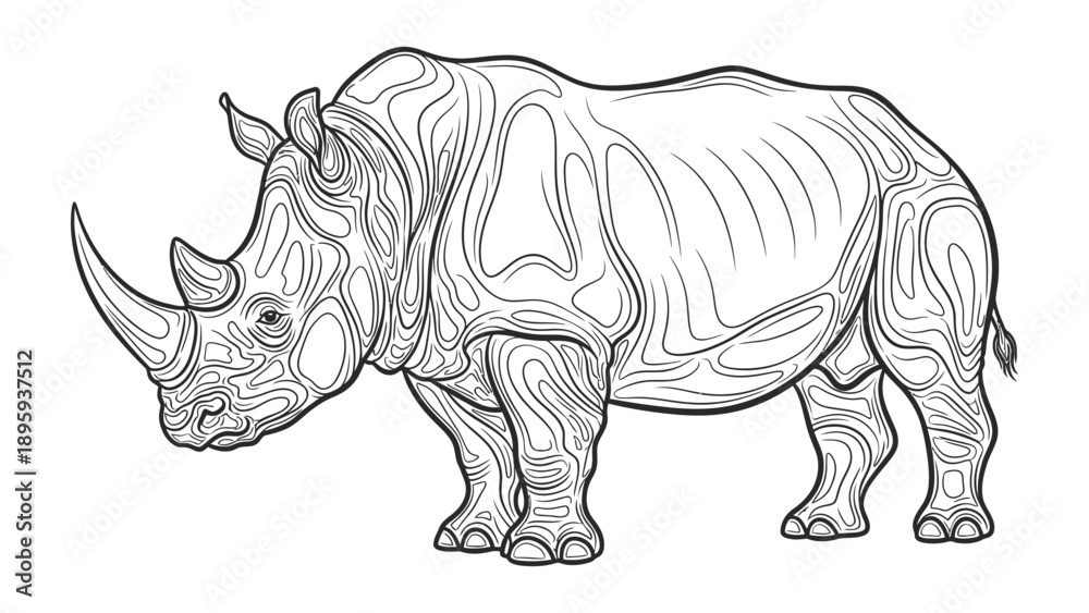 Fototapeta premium Strength and Resilience: A detailed line drawing of a rhinoceros, showcasing its robust form and the texture of its skin, evokes the strength and endurance of nature's majestic creature.
