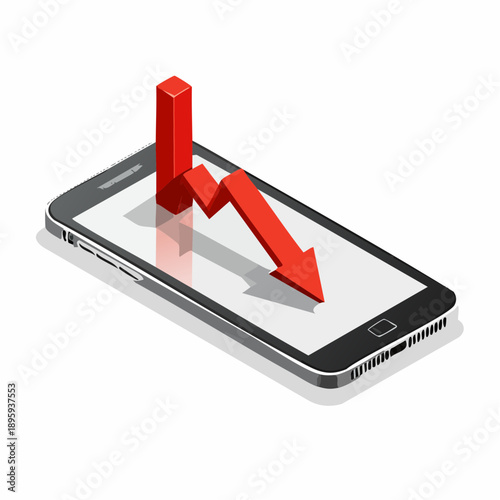 Economic crisis isometric vector illustration, business analysis graphic with falling trend on mobile phone.