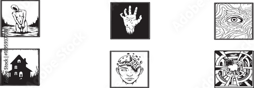 Six black and white surreal and dark illustrations exploring themes of horror and mental health