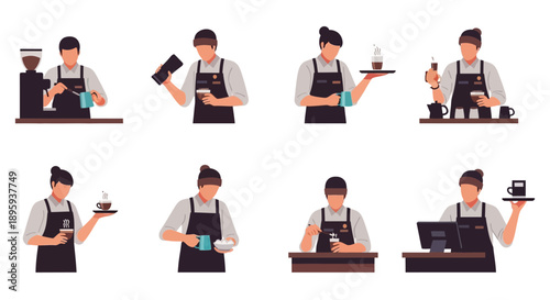 Barista preparing coffee drinks in various steps and actions, showcasing expertise in a modern cafe environment from multiple viewpoints