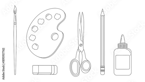 Art Supplies Arrangement: A minimalist monochrome composition showcasing the tools of creation, an assortment of artistic essentials for painting, sketching, and crafting.