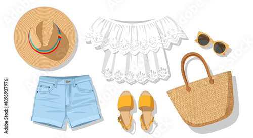 Fashionable woman's summer outfit with hat, sunglasses, and accessories arranged neatly on a white background for illustration purposes.